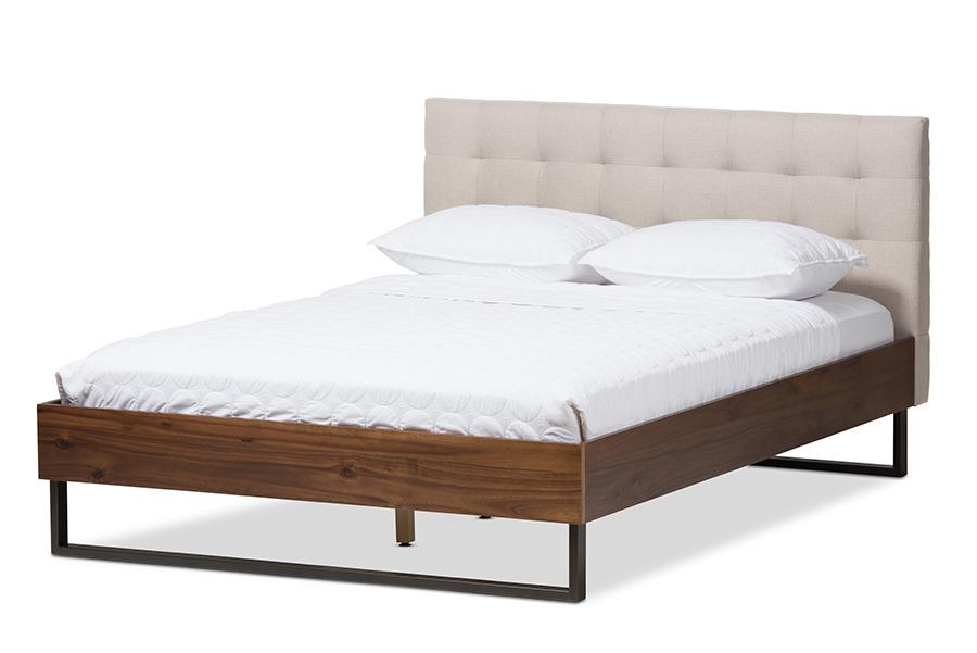 baxton studio mitchell rustic industrial walnut wood beige fabric dark bronze metal king size platform bed | Modish Furniture Store-2