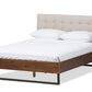 baxton studio mitchell rustic industrial walnut wood beige fabric dark bronze metal queen size platform bed | Modish Furniture Store-3