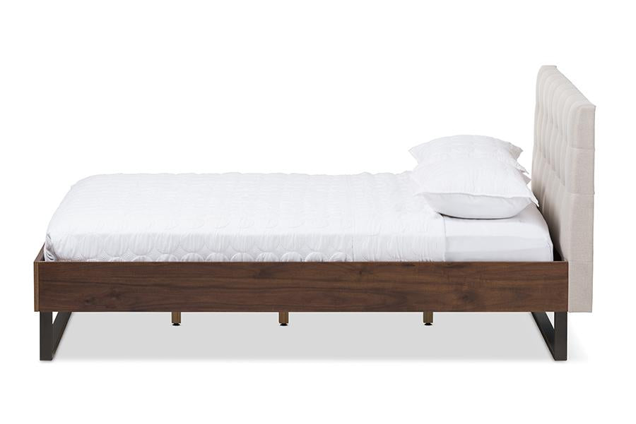 baxton studio mitchell rustic industrial walnut wood beige fabric dark bronze metal queen size platform bed | Modish Furniture Store-2