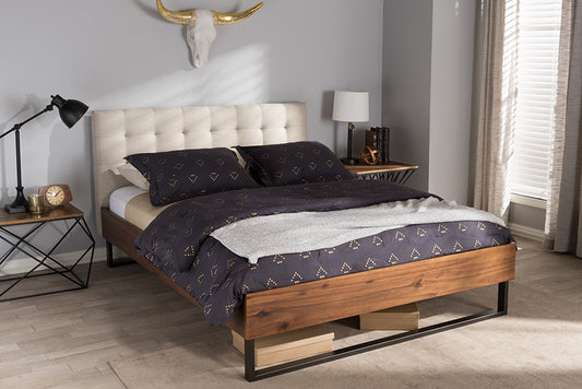 Baxton Studio Mitchell Rustic Industrial Walnut Wood Beige Fabric Dark Bronze Metal Queen Size Platform Bed | Modishstore | Beds