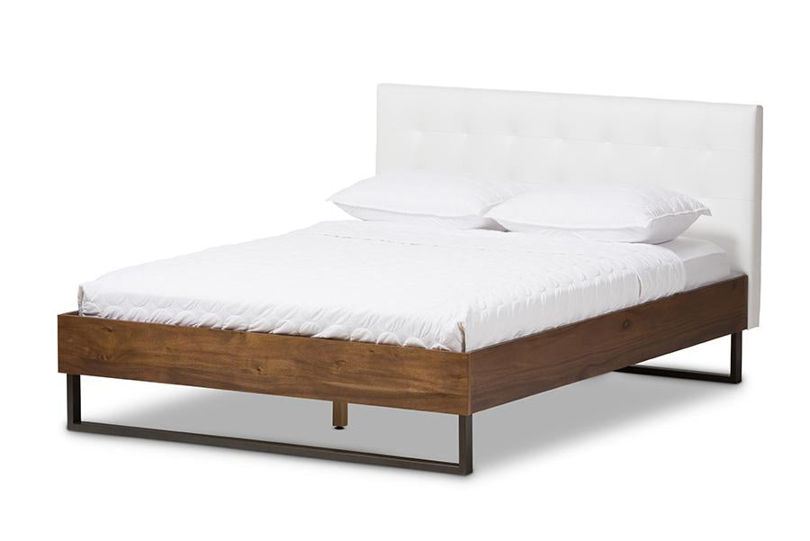 baxton studio mitchell rustic industrial walnut wood white faux leather dark bronze metal queen size platform bed | Modish Furniture Store-2