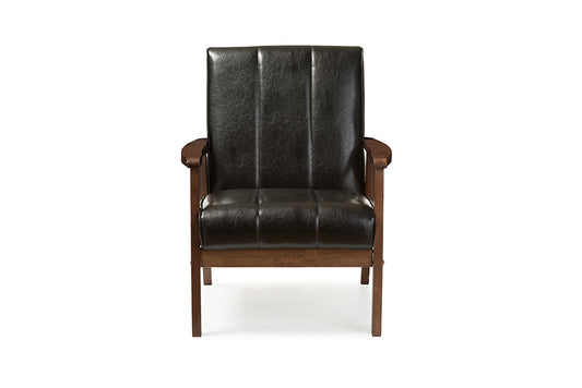 Baxton Studio Nikko Mid-century Modern Scandinavian Style Black Faux Leather Wooden Lounge Chair | Modishstore | Lounge Chairs