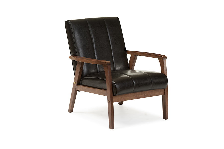 baxton studio nikko mid century modern scandinavian style black faux leather wooden lounge chair | Modish Furniture Store-2