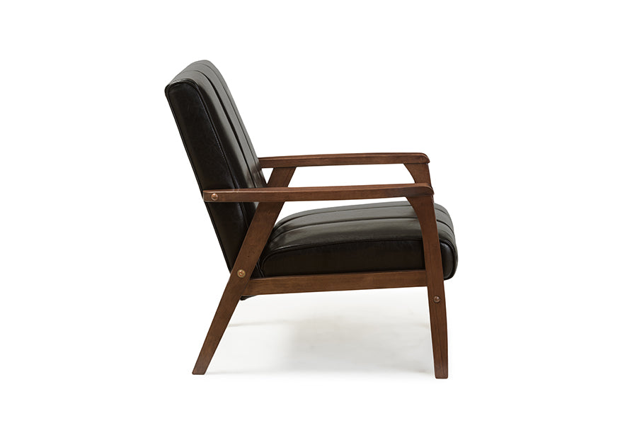 baxton studio nikko mid century modern scandinavian style black faux leather wooden lounge chair | Modish Furniture Store-3