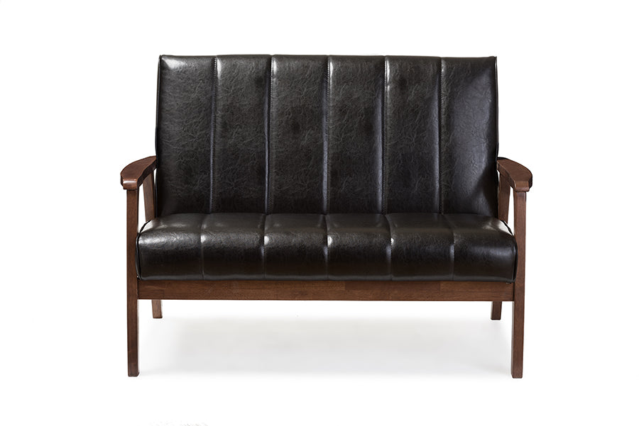 baxton studio nikko mid century modern scandinavian style black faux leather wooden 2 seater loveseat | Modish Furniture Store-2