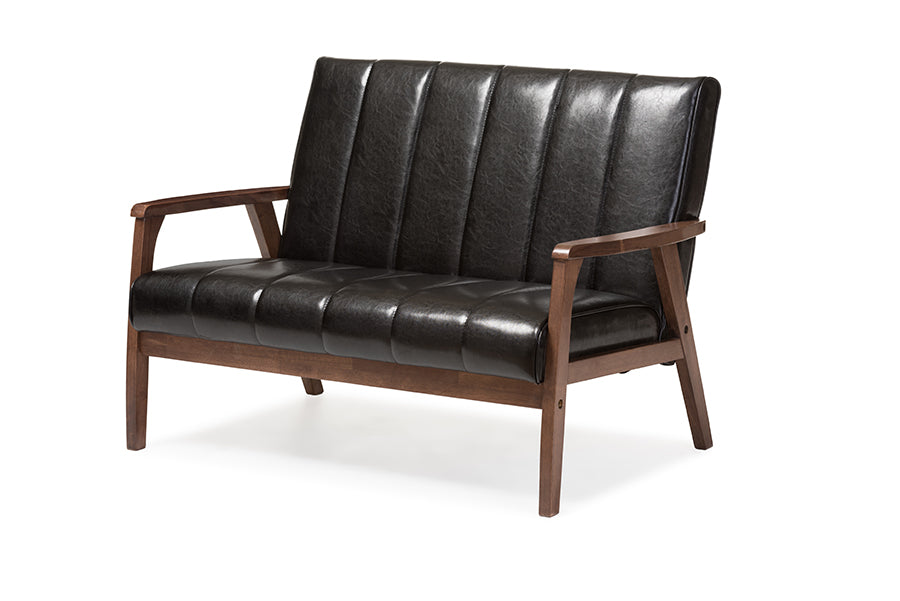 baxton studio nikko mid century modern scandinavian style black faux leather wooden 2 seater loveseat | Modish Furniture Store-3