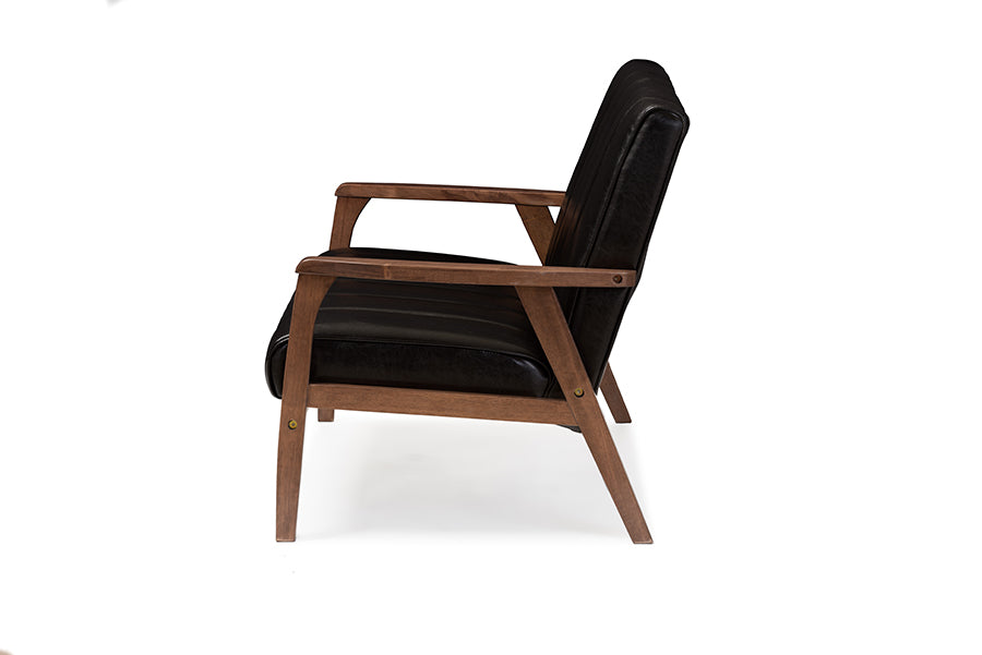 baxton studio nikko mid century modern scandinavian style black faux leather wooden 2 seater loveseat | Modish Furniture Store-4