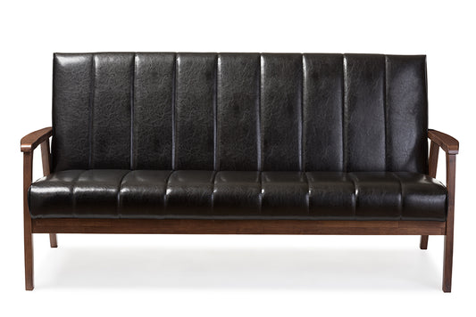 Baxton Studio Nikko Mid-century Modern Scandinavian Style Black Faux Leather Wooden 3-Seater Sofa | Modishstore | Sofas
