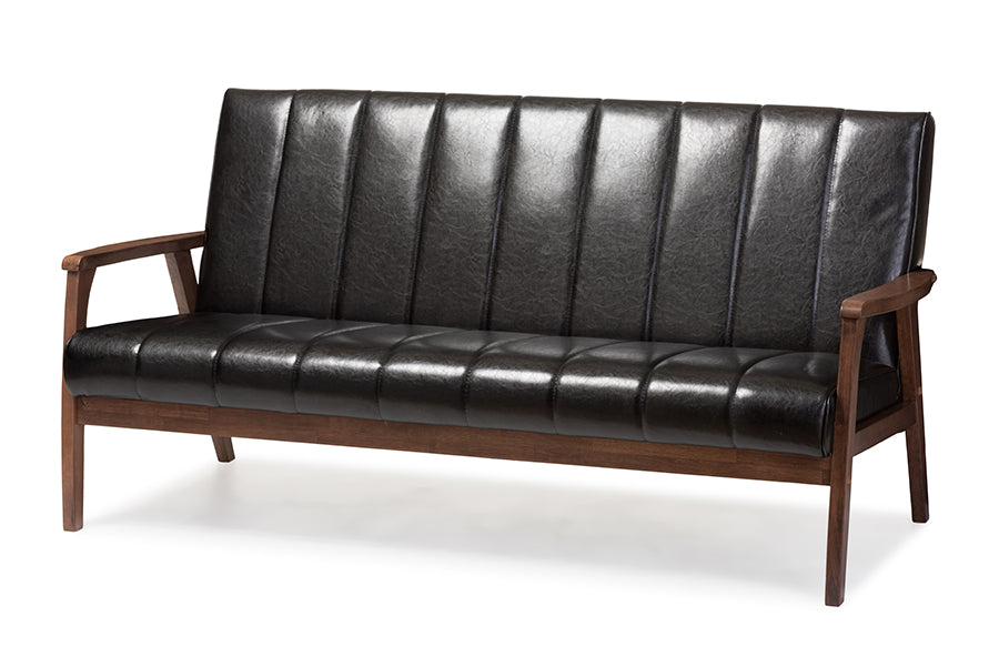 baxton studio nikko mid century modern scandinavian style black faux leather wooden 3 seater sofa | Modish Furniture Store-2