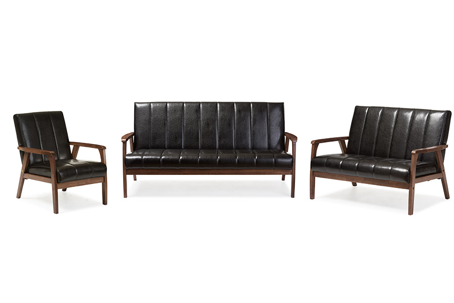 baxton studio nikko mid century modern scandinavian style black faux leather 3 pieces living room sets | Modish Furniture Store-2
