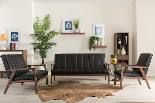 Baxton Studio Nikko Mid-century Modern Scandinavian Style Black Faux Leather 3 Pieces Living Room Sets | Modishstore | Sofas