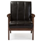 Baxton Studio Nikko Mid-century Modern Scandinavian Style Dark Brown Faux Leather Wooden Lounge Chair | Modishstore | Lounge Chairs