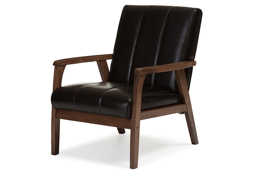 baxton studio nikko mid century modern scandinavian style dark brown faux leather wooden lounge chair | Modish Furniture Store-2