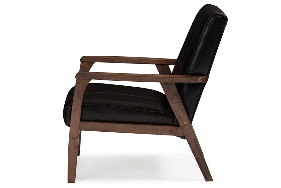 baxton studio nikko mid century modern scandinavian style dark brown faux leather wooden lounge chair | Modish Furniture Store-3
