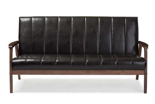 Baxton Studio Nikko Mid-century Modern Scandinavian Style Dark Brown Faux Leather Wooden 3-Seater Sofa | Modishstore | Sofas