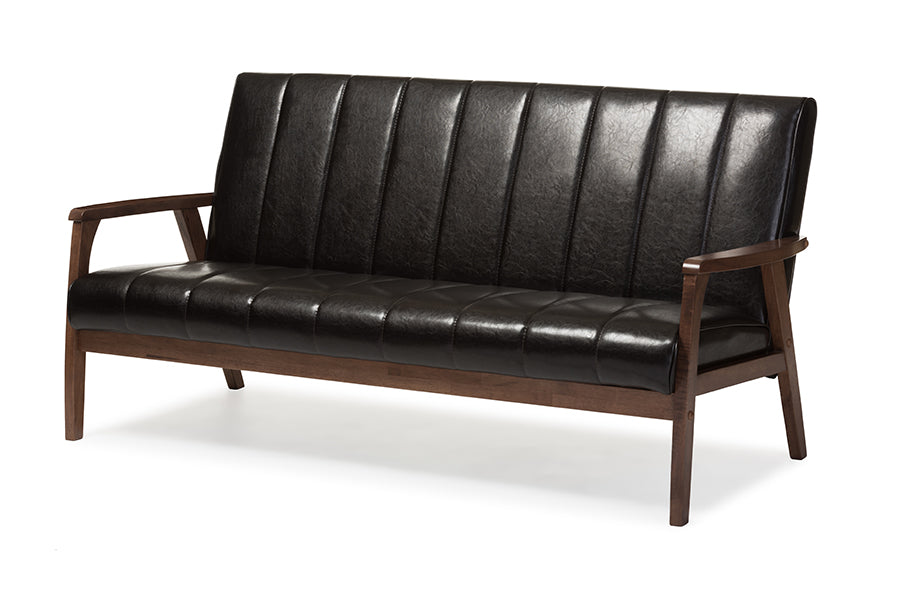 baxton studio nikko mid century modern scandinavian style dark brown faux leather wooden 3 seater sofa | Modish Furniture Store-2