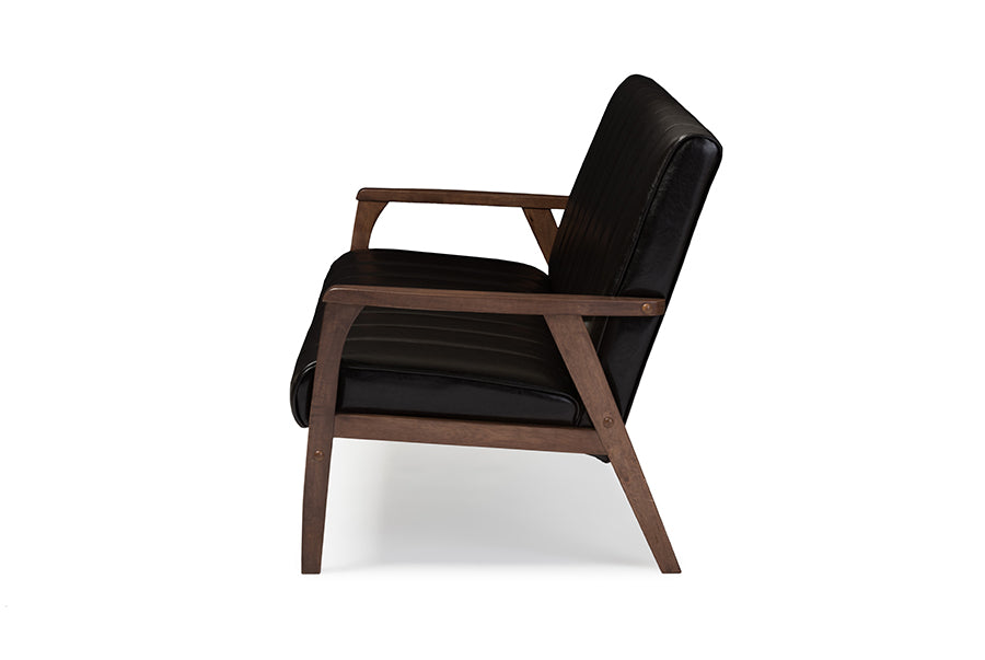 baxton studio nikko mid century modern scandinavian style dark brown faux leather wooden 3 seater sofa | Modish Furniture Store-3