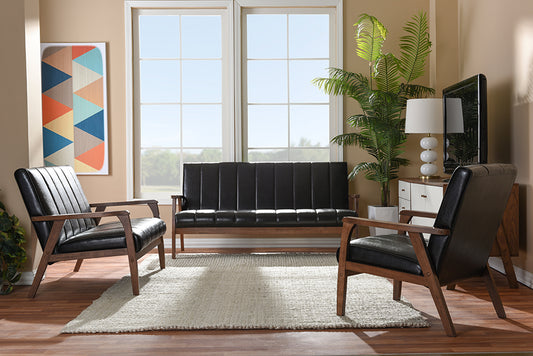 Baxton Studio Nikko Mid-century Modern Scandinavian Style Dark Brown Faux Leather 3 Pieces Living Room Sets | Modishstore | Sofas