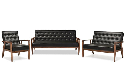 Baxton Studio Sorrento Mid-century Retro Modern Black Faux Leather Upholstered Wooden 3 Piece Living room Set | Sofas | Modishstore - 2