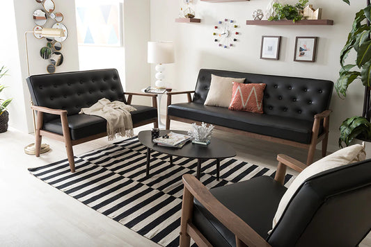 Baxton Studio Sorrento Mid-century Retro Modern Black Faux Leather Upholstered Wooden 3 Piece Living room Set | Sofas | Modishstore