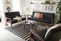 Baxton Studio Sorrento Mid-century Retro Modern Black Faux Leather Upholstered Wooden 3 Piece Living room Set