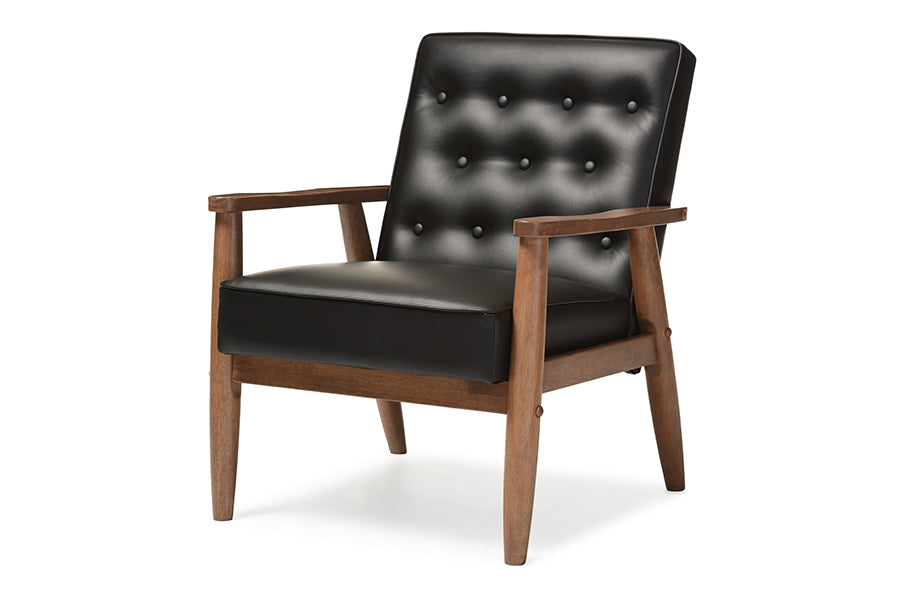 baxton studio sorrento mid century retro modern black faux leather upholstered wooden lounge chair | Modish Furniture Store-2