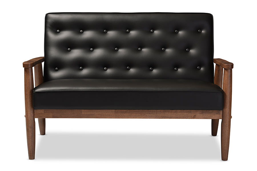 Baxton Studio Sorrento Mid-century Retro Modern Black Faux Leather Upholstered Wooden 2-seater Loveseat | Modishstore | Loveseats