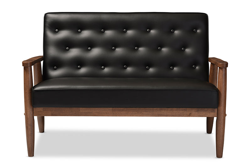 Baxton Studio Sorrento Mid-century Retro Modern Black Faux Leather Upholstered Wooden 2-seater Loveseat | Modishstore | Loveseats