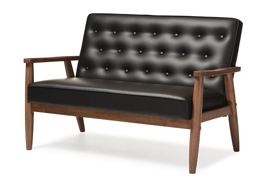 baxton studio sorrento mid century retro modern black faux leather upholstered wooden 2 seater loveseat | Modish Furniture Store-2