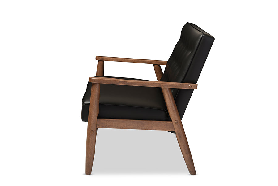 baxton studio sorrento mid century retro modern black faux leather upholstered wooden 2 seater loveseat | Modish Furniture Store-3