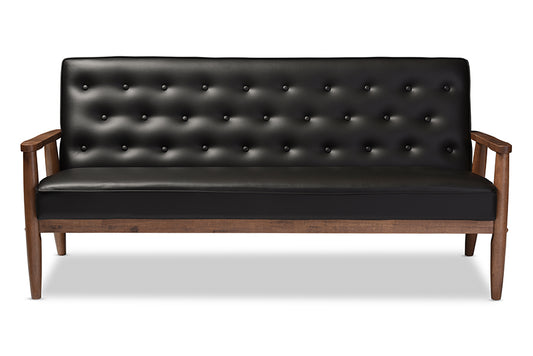 Baxton Studio Sorrento Mid-century Retro Modern Black Faux Leather Upholstered Wooden 3-seater Sofa | Modishstore | Sofas