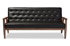 Baxton Studio Sorrento Mid-century Retro Modern Black Faux Leather Upholstered Wooden 3-seater Sofa