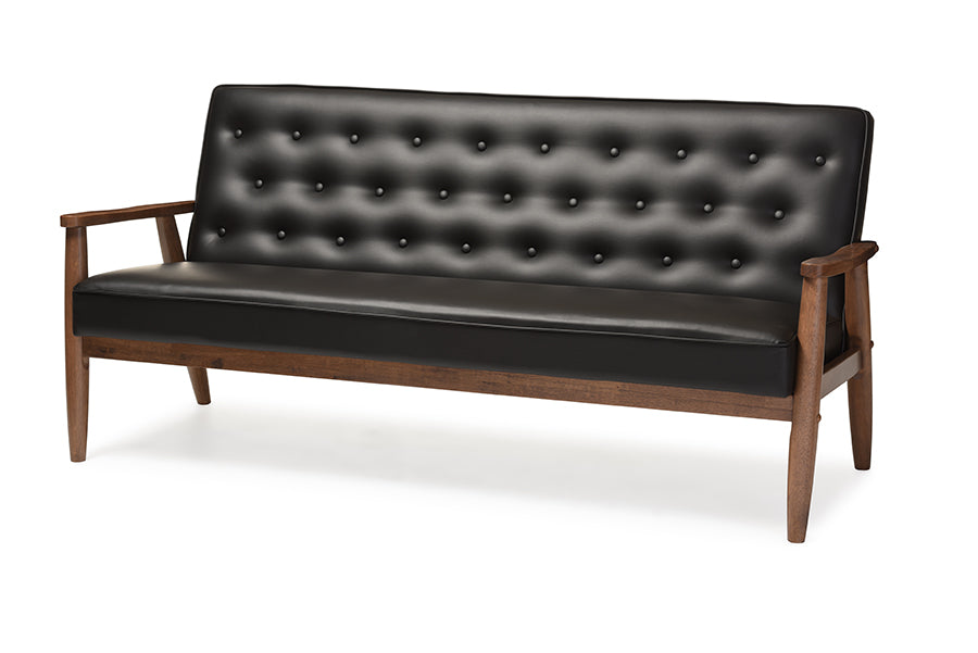 baxton studio sorrento mid century retro modern black faux leather upholstered wooden 3 seater sofa | Modish Furniture Store-2