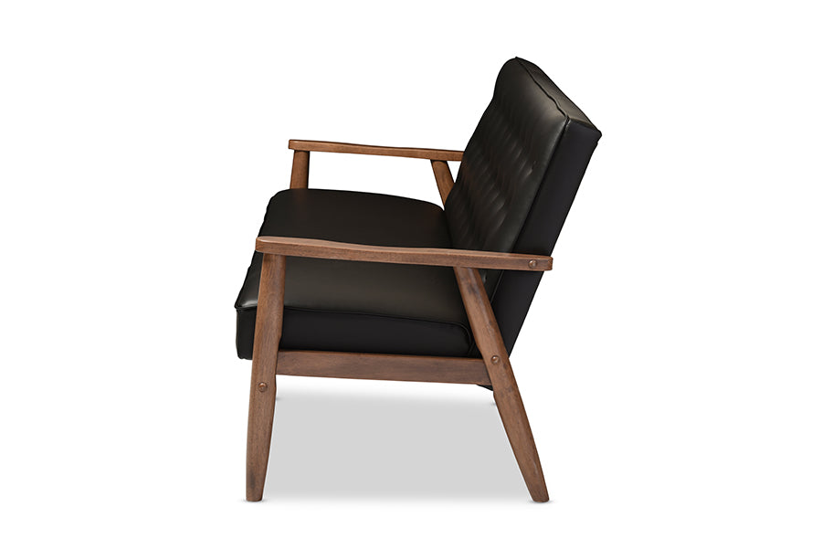 baxton studio sorrento mid century retro modern black faux leather upholstered wooden 3 seater sofa | Modish Furniture Store-3