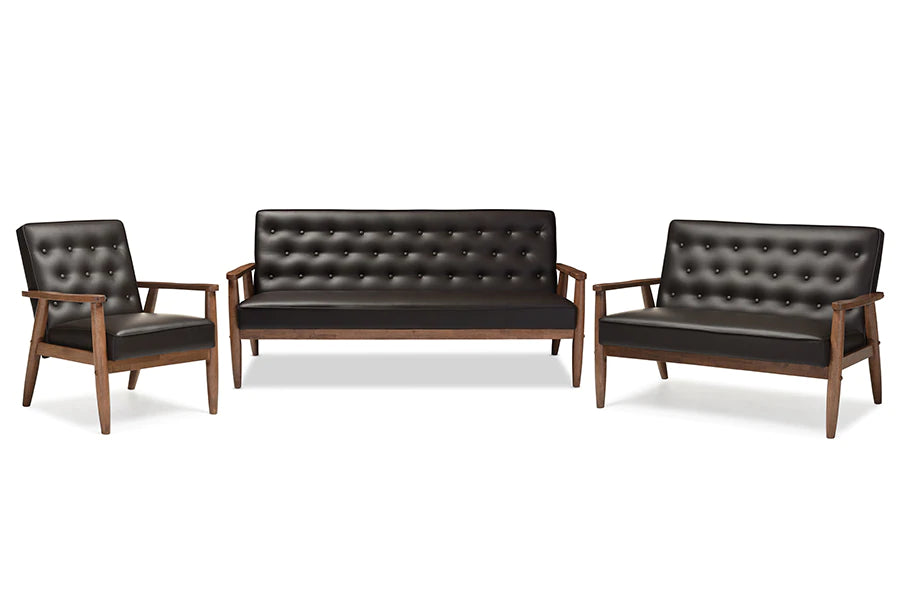 Baxton Studio Sorrento Mid-century Retro Modern Black Faux Leather Upholstered Wooden 3 Piece Living room Set | Sofas | Modishstore - 4
