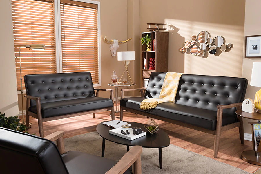 Baxton Studio Sorrento Mid-century Retro Modern Black Faux Leather Upholstered Wooden 3 Piece Living room Set | Sofas | Modishstore - 3
