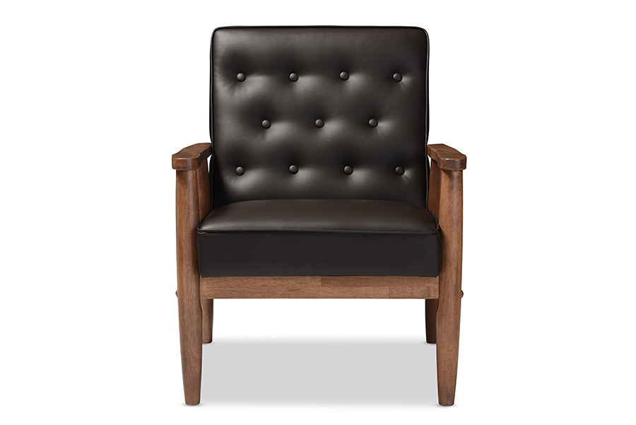 Baxton Studio Sorrento Mid-century Retro Modern Brown Faux Leather Upholstered Wooden Lounge Chair | Modishstore | Lounge Chairs