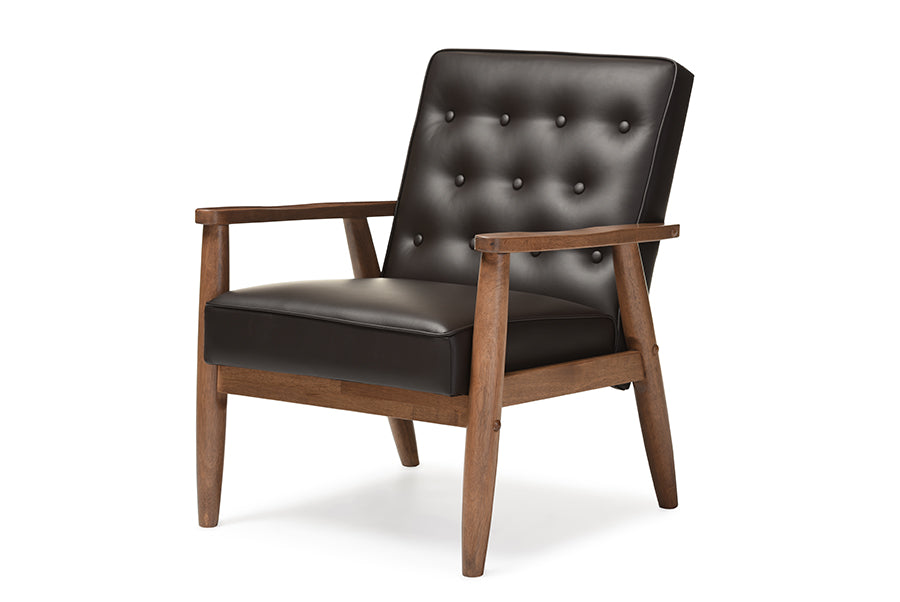 baxton studio sorrento mid century retro modern brown faux leather upholstered wooden lounge chair | Modish Furniture Store-2