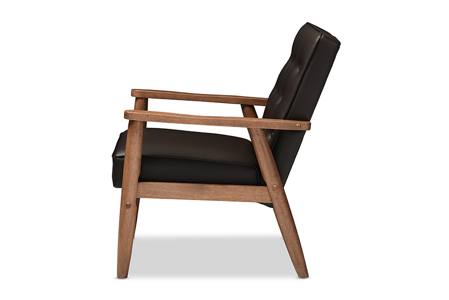 baxton studio sorrento mid century retro modern brown faux leather upholstered wooden lounge chair | Modish Furniture Store-3
