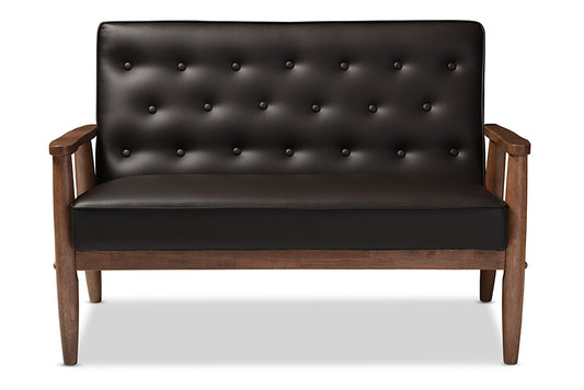 Baxton Studio Sorrento Mid-century Retro Modern Brown Faux Leather Upholstered Wooden 2-seater Loveseat | Modishstore | Loveseats