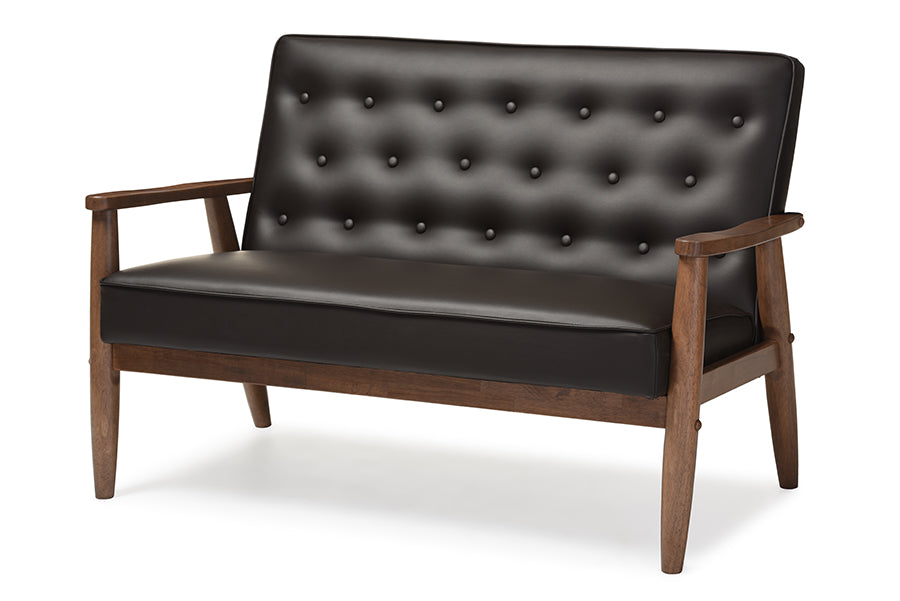 baxton studio sorrento mid century retro modern brown faux leather upholstered wooden 2 seater loveseat | Modish Furniture Store-2