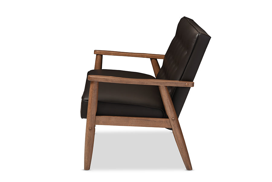 baxton studio sorrento mid century retro modern brown faux leather upholstered wooden 2 seater loveseat | Modish Furniture Store-3