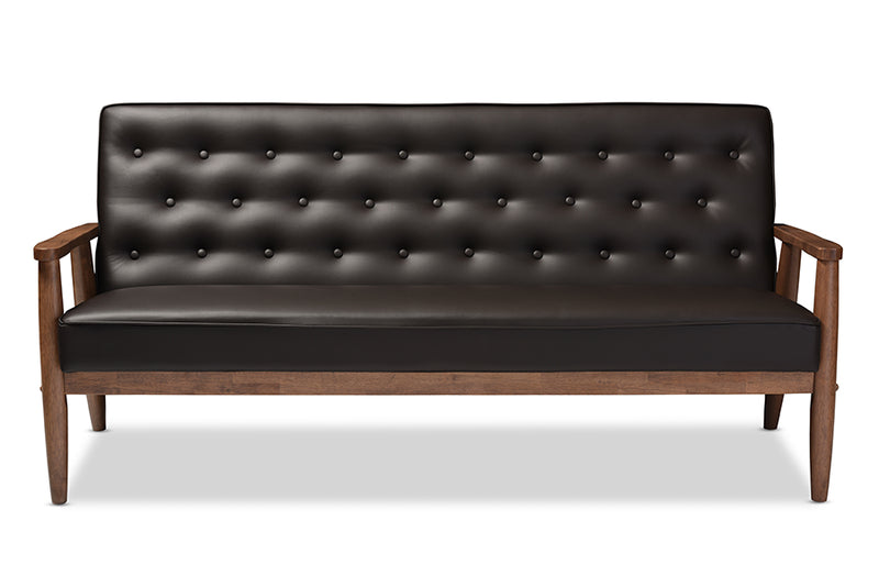 Baxton Studio Sorrento Mid-century Retro Modern Brown Faux Leather Upholstered Wooden 3-seater Sofa | Modishstore | Sofas