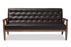 Baxton Studio Sorrento Mid-century Retro Modern Brown Faux Leather Upholstered Wooden 3-seater Sofa