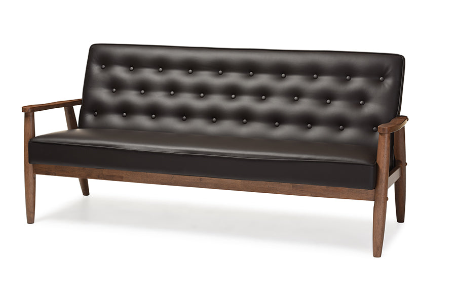 baxton studio sorrento mid century retro modern brown faux leather upholstered wooden 3 seater sofa | Modish Furniture Store-2