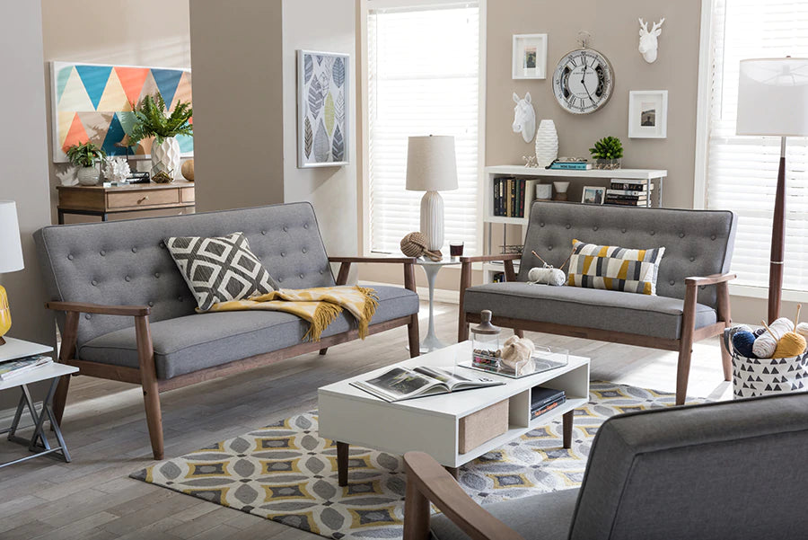 Baxton Studio Sorrento Mid-century Retro Modern Grey Fabric Upholstered Wooden 3 Piece Living room Set | Sofas | Modishstore - 2