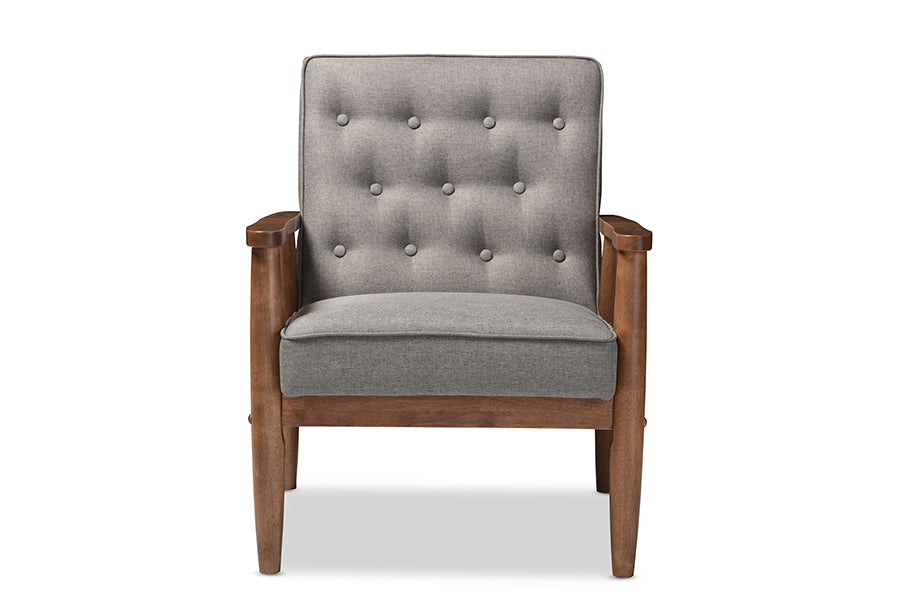 Baxton Studio Sorrento Mid-century Retro Modern Grey Fabric Upholstered Wooden Lounge Chair | Modishstore | Armchairs