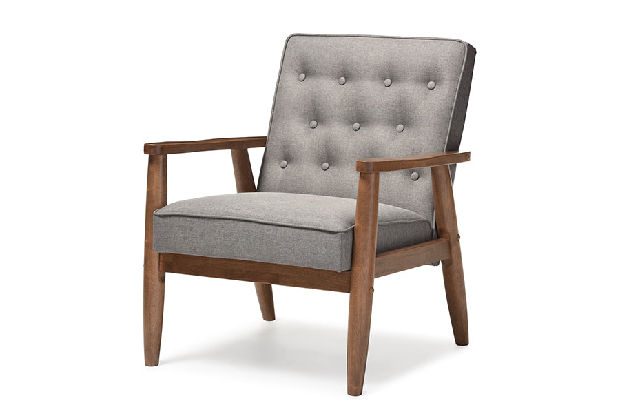 baxton studio sorrento mid century retro modern grey fabric upholstered wooden lounge chair | Modish Furniture Store-2