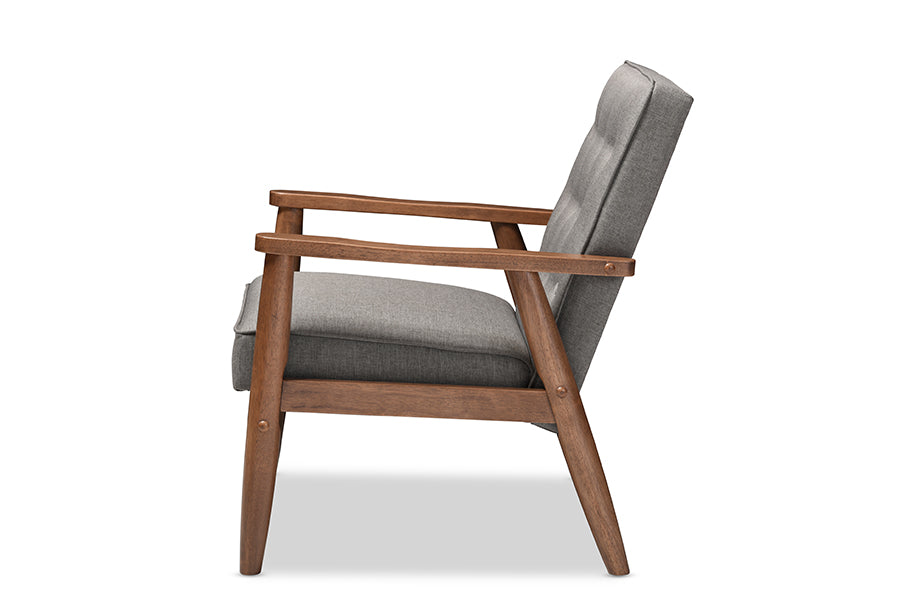 baxton studio sorrento mid century retro modern grey fabric upholstered wooden lounge chair | Modish Furniture Store-3