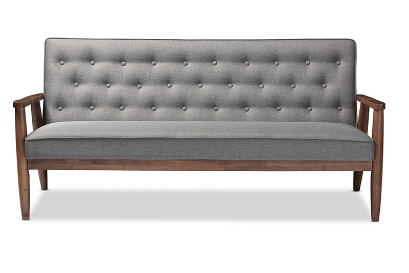 Baxton Studio Sorrento Mid-century Retro Modern Grey Fabric Upholstered Wooden 3-seater Sofa | Modishstore | Sofas